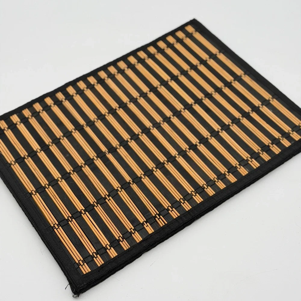 Bamboo Placemats Set of 4 Black and Natural Wood Slats Fabric Border 12x18